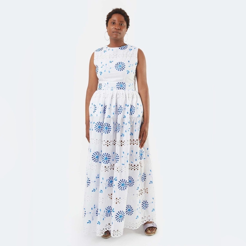 Meg White Blue Floral Eyelet Maxi Dress Extra Small - Picture 3 of 9
